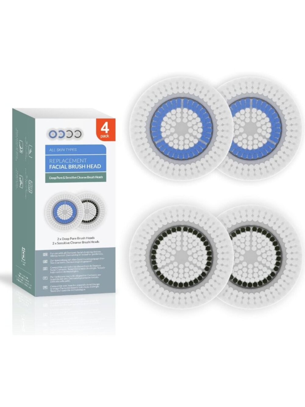 4 Pack Brush Head Replacements for Deep Pore & Sensitive Skin - Compatible with